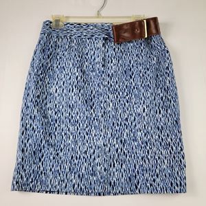 Michael Kors pencil skirt 6 blue white print faux leather belt lined knee length